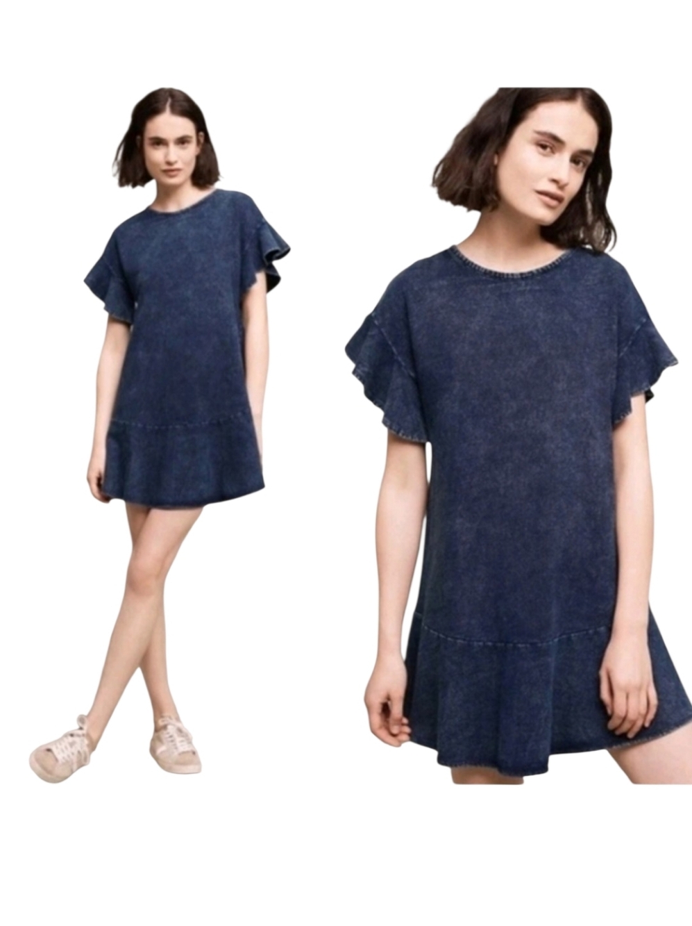Anthropologie Saturday Sunday Dress Medium Odette Blue Ruffle Sleeve Cotton